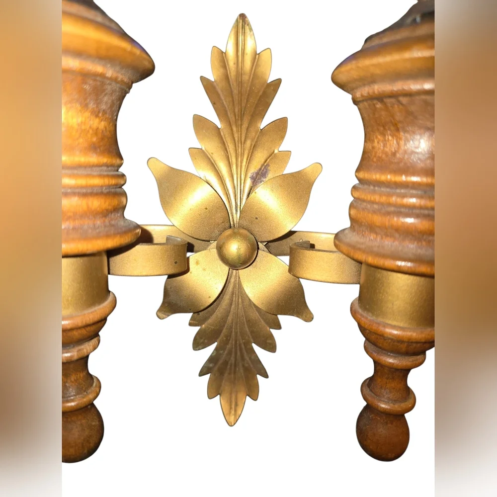 Vintage Decorative Wood, Brass & Glass Double Candle Holder Hanging‎ Wall Sconce